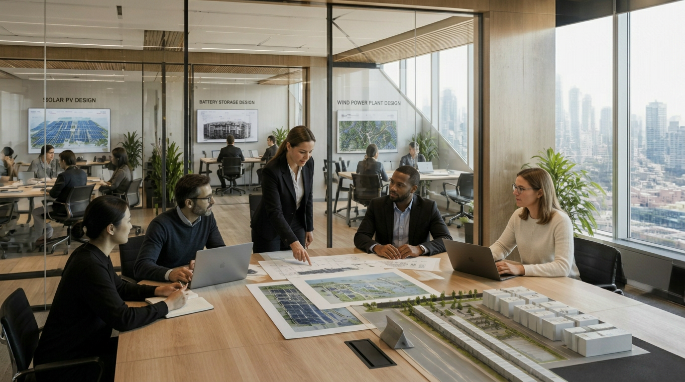 Advisory team reviewing technical drawings with utility-scale solar farm in background